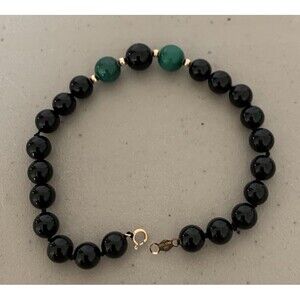 Vintage 14K Gold Black Onyx Malachite Bead Bracelet 7” Hand Knotted